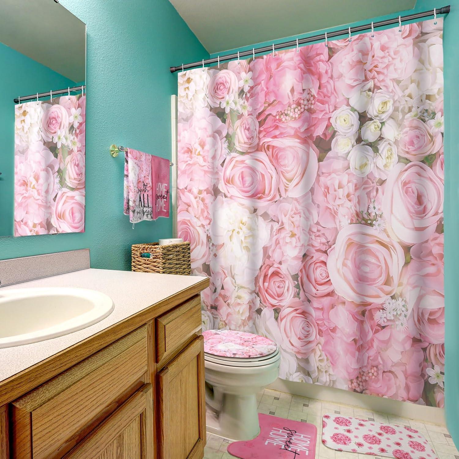 Conjunto de Cortina de Ducha Honoson 8 Piezas Rosa Floral