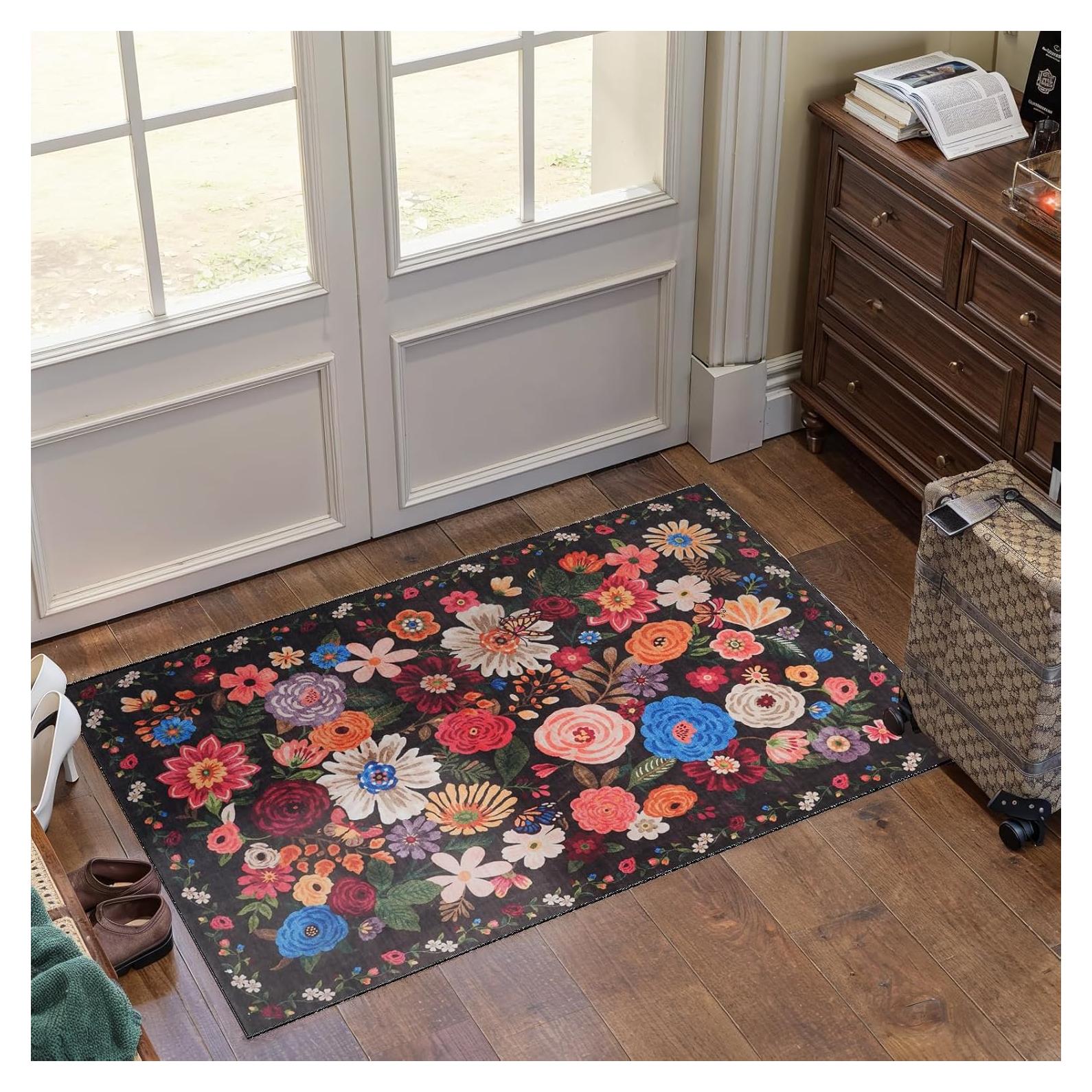 Alfombra de Entrada Lavable Babovid 2x3 Negra Floral Antideslizante