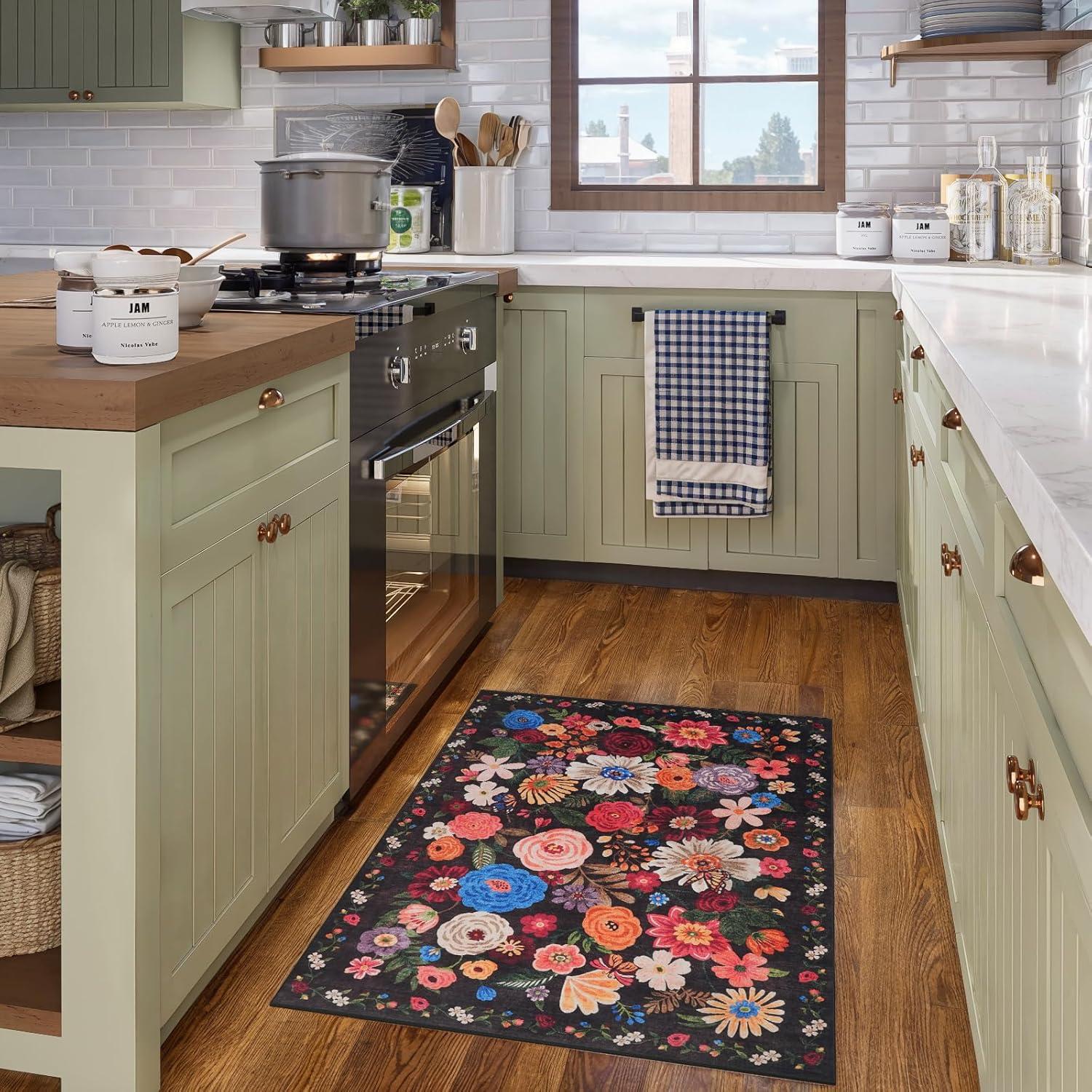 Alfombra de Entrada Lavable Babovid 2x3 Negra Floral Antideslizante