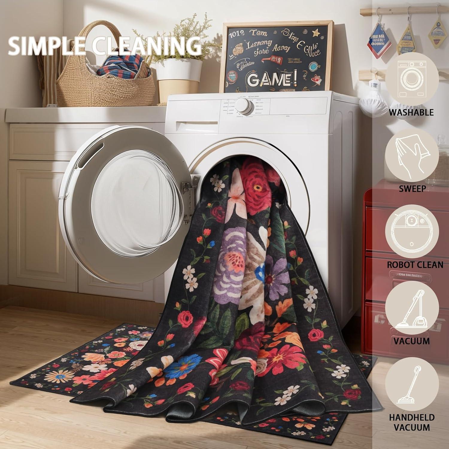 Alfombra de Entrada Lavable Babovid 2x3 Negra Floral Antideslizante