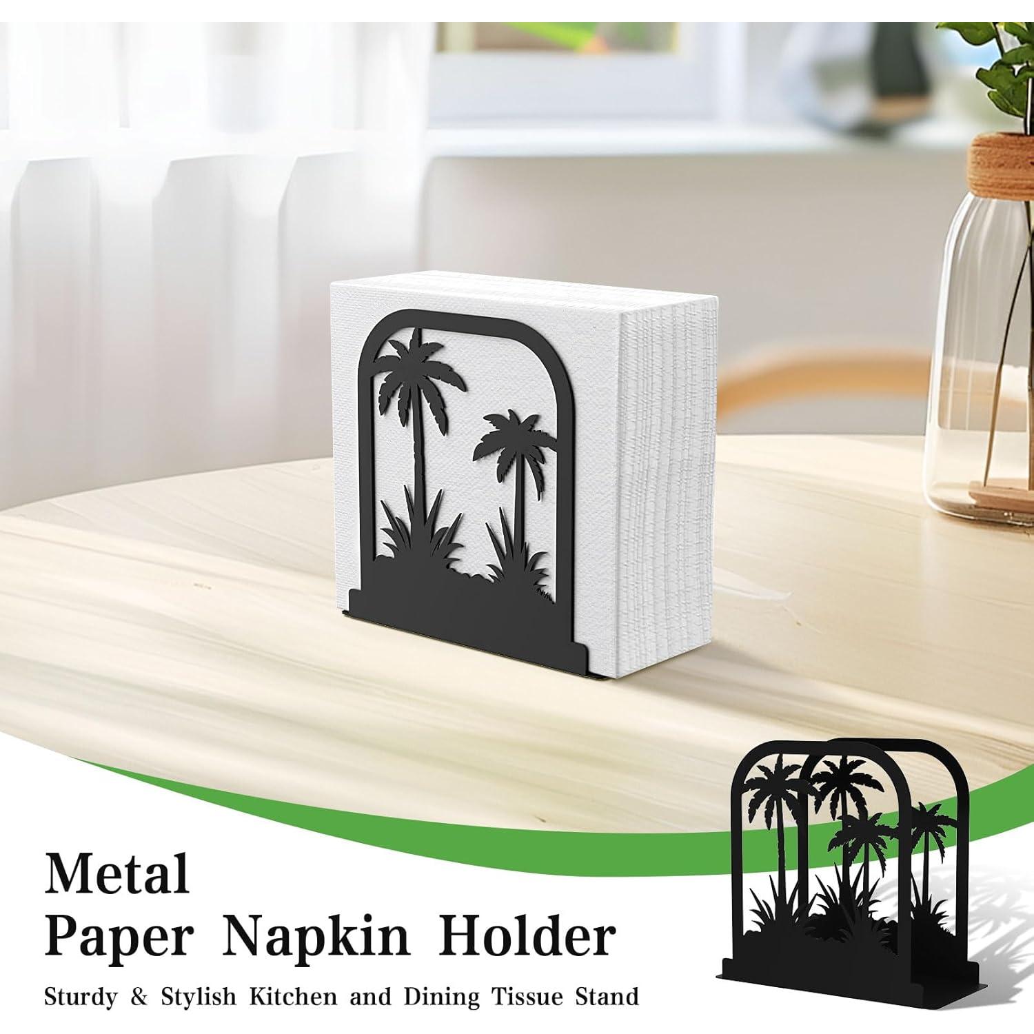 Soporte de Servilletas de Metal Negro con Diseño de Árbol de Coco