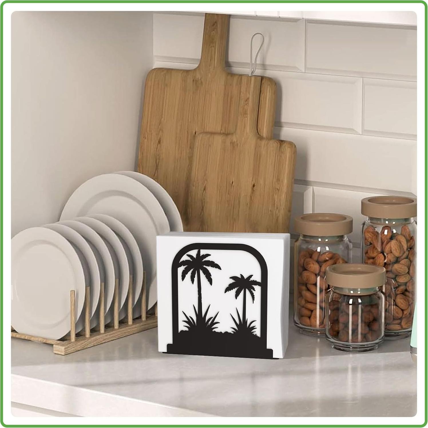 Soporte de Servilletas de Metal Negro con Diseño de Árbol de Coco