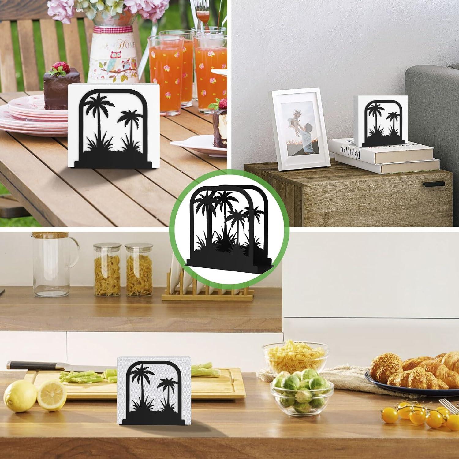 Soporte de Servilletas de Metal Negro con Diseño de Árbol de Coco