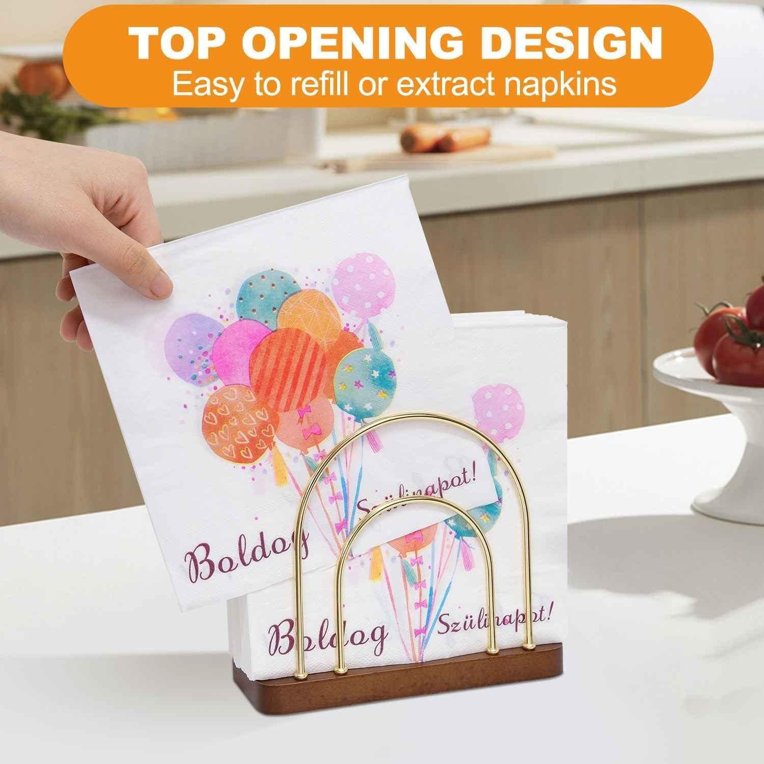 Soporte de Servilletas Qiannhee Dorado con Base de Madera de Haya