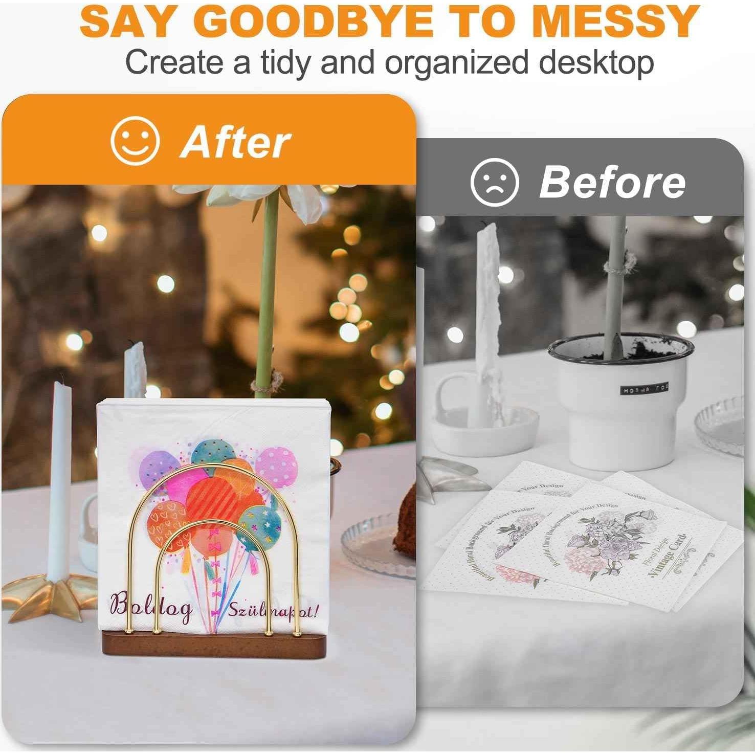 Soporte de Servilletas Qiannhee Dorado con Base de Madera de Haya