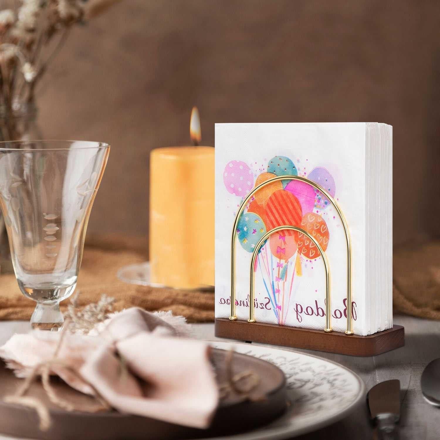 Soporte de Servilletas Qiannhee Dorado con Base de Madera de Haya