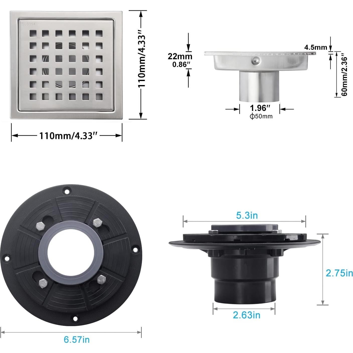 Desagüe de Ducha Cuadrado SISEHO 11x11 cm Acero Inoxidable