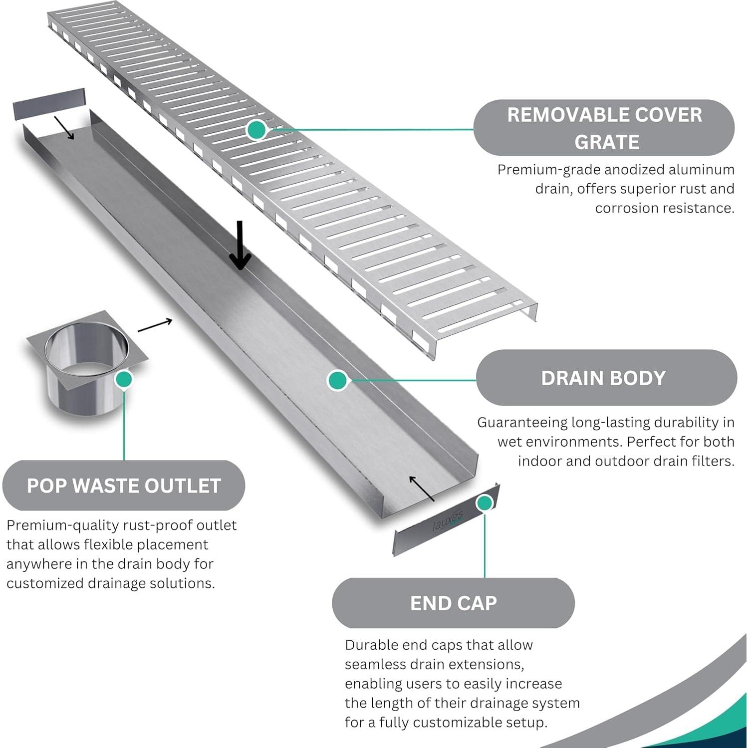 Desagüe Lineal Lauxes 30.48 cm Aluminio Ajustable Plata Seda