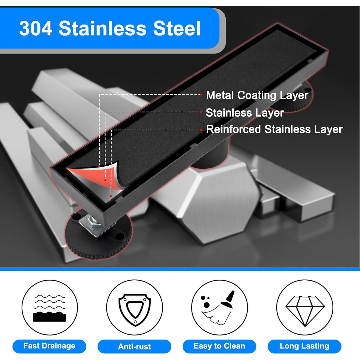 Desagüe de Ducha Lineal Fibetter 30.48 cm Negro Acero Inoxidable