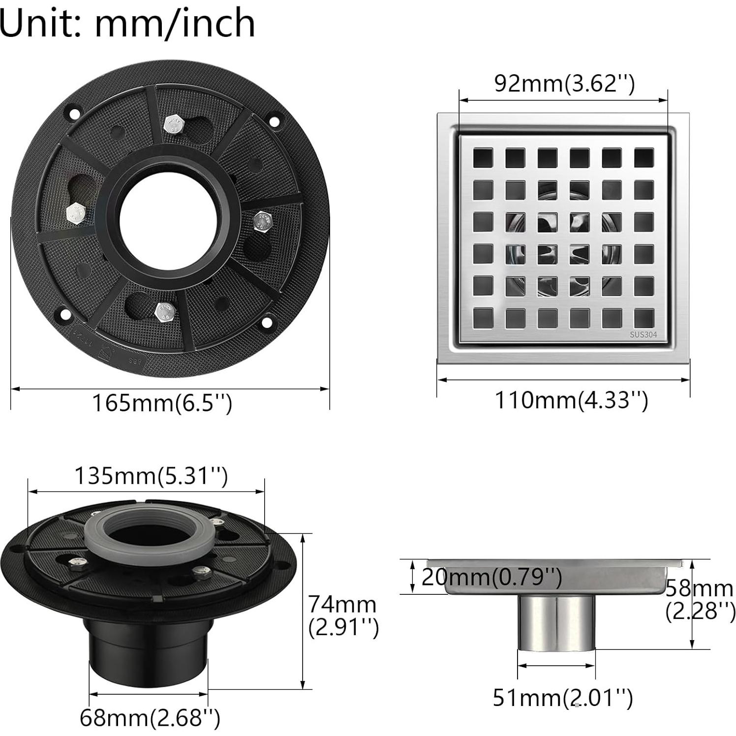 Desagüe de Ducha Cuadrado 10.16 cm YANCASENO Acero Inoxidable