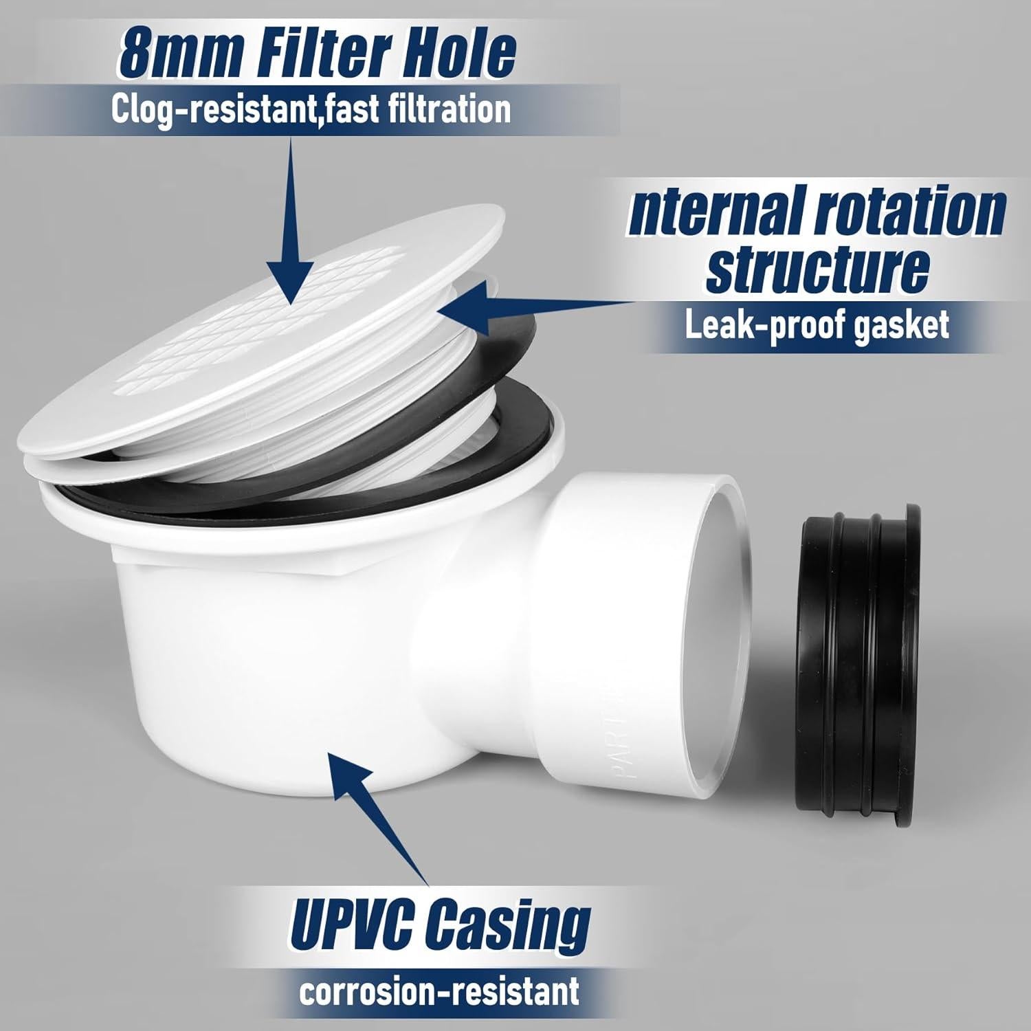 Desagüe de Ducha TUOSTPY 1-1/2" (3.81 cm) Blanco Bajo Perfil