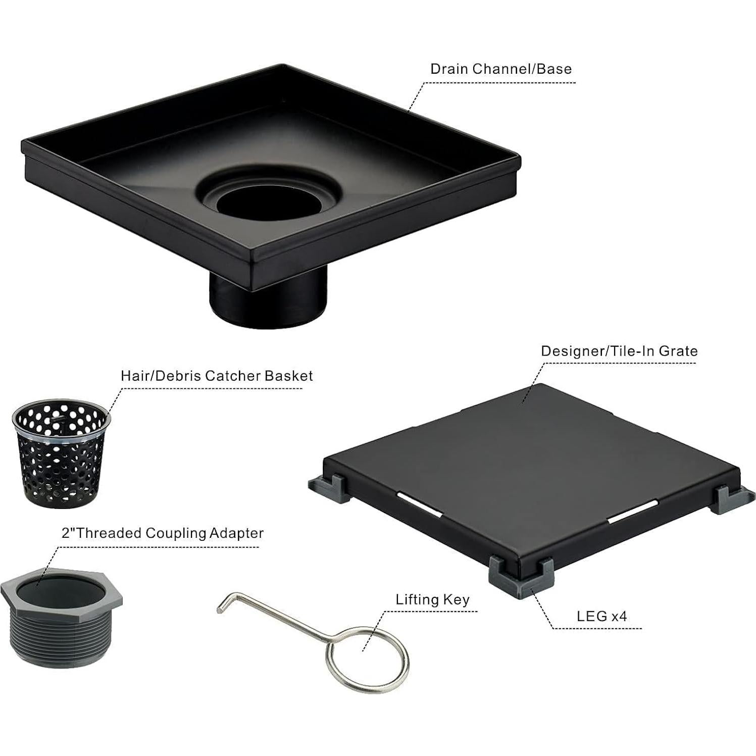 Desagüe de Ducha Cuadrado HIDROP 15.24 cm Acero Inoxidable Negro Mate