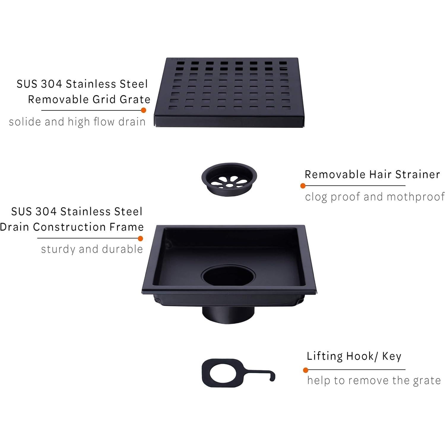 Desagüe de Ducha Cuadrado Orhemus 15x15 cm Acero Inoxidable Negro