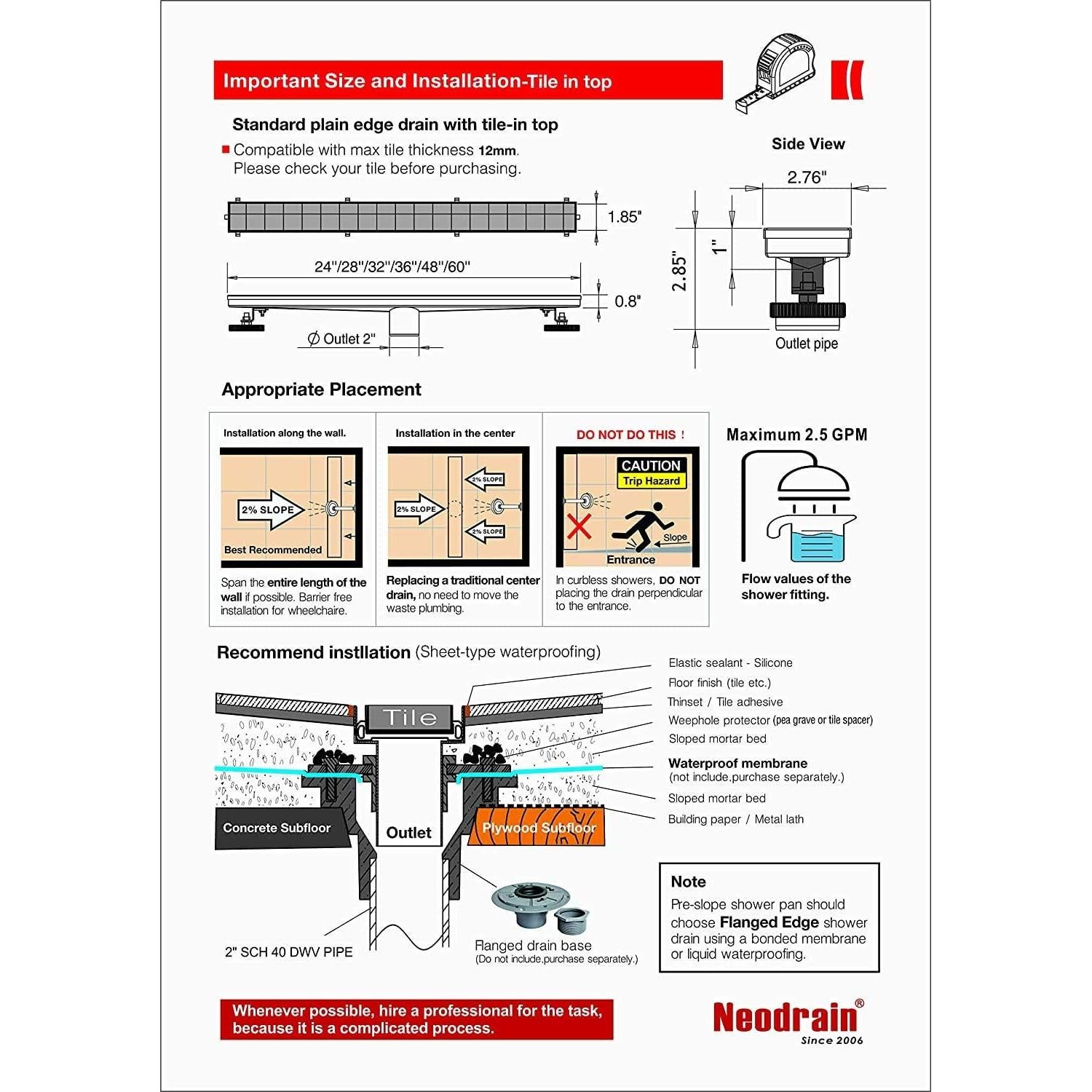 Drenaje Lineal de Ducha Neodrain 60.96 cm Acero Inoxidable