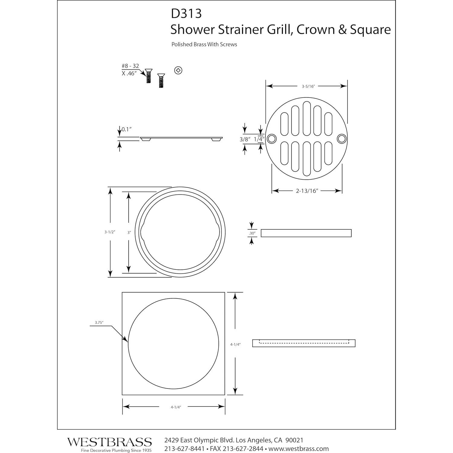 Azulejo Cuadrado de Latón para Ducha Westbrass R313-26 Cromo