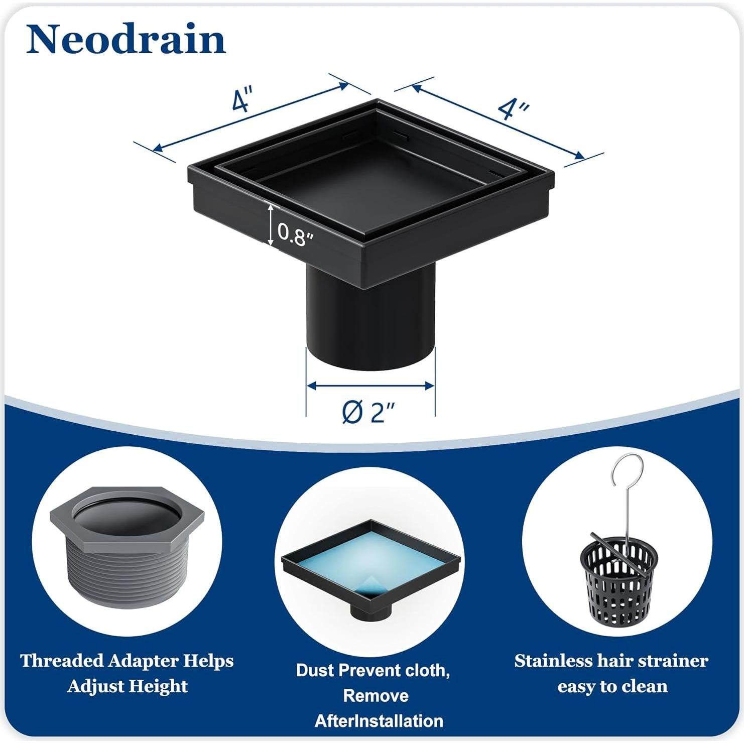 Drenaje de Ducha Cuadrado Neodrain 10.16 cm Acero Inoxidable Negro Mate