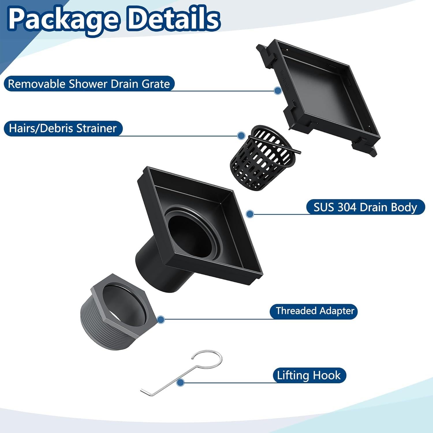 Drenaje de Ducha Cuadrado Neodrain 10.16 cm Acero Inoxidable Negro Mate