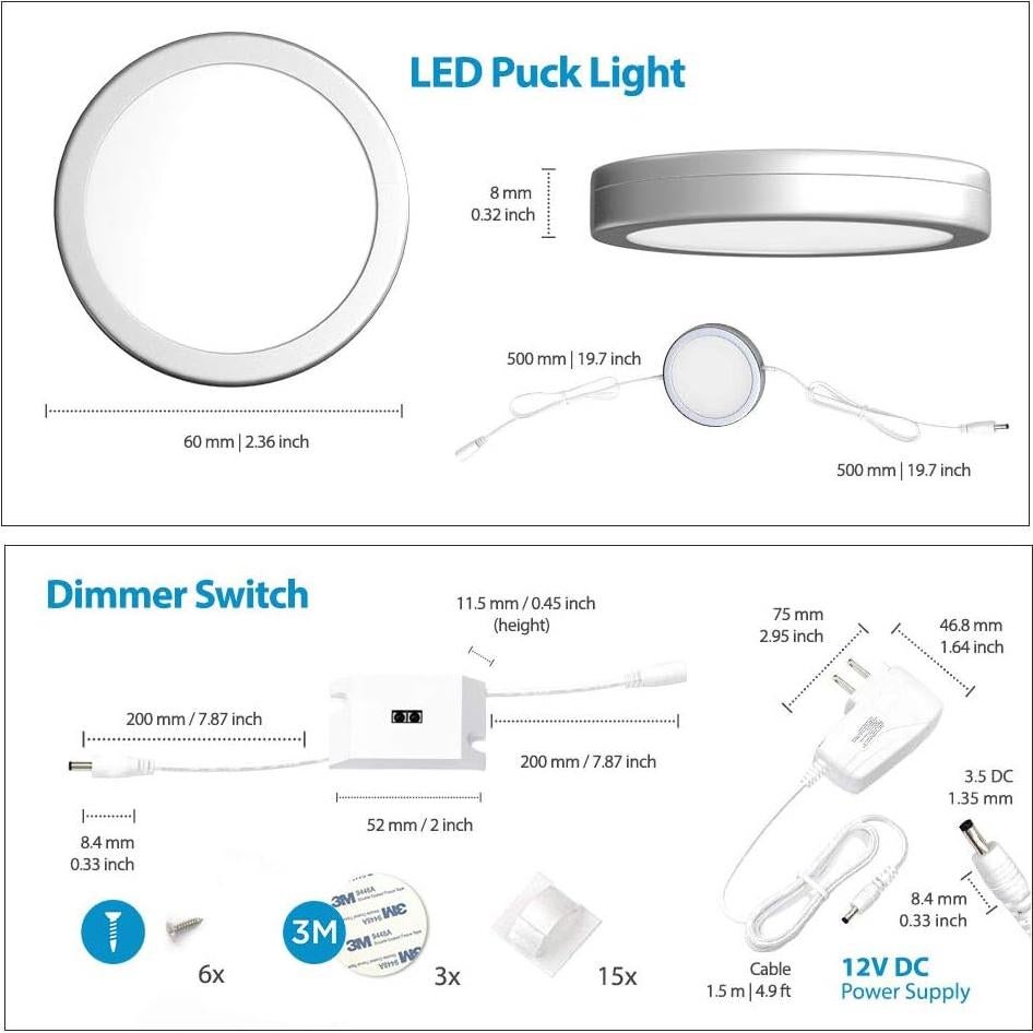 Luces LED EShine Puck Bajo Gabinete 3 Piezas Regulables