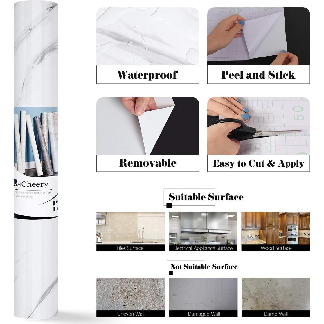 Papel Contacto Autoadhesivo LaCheery Mármol Blanco Gris 3.72 m²