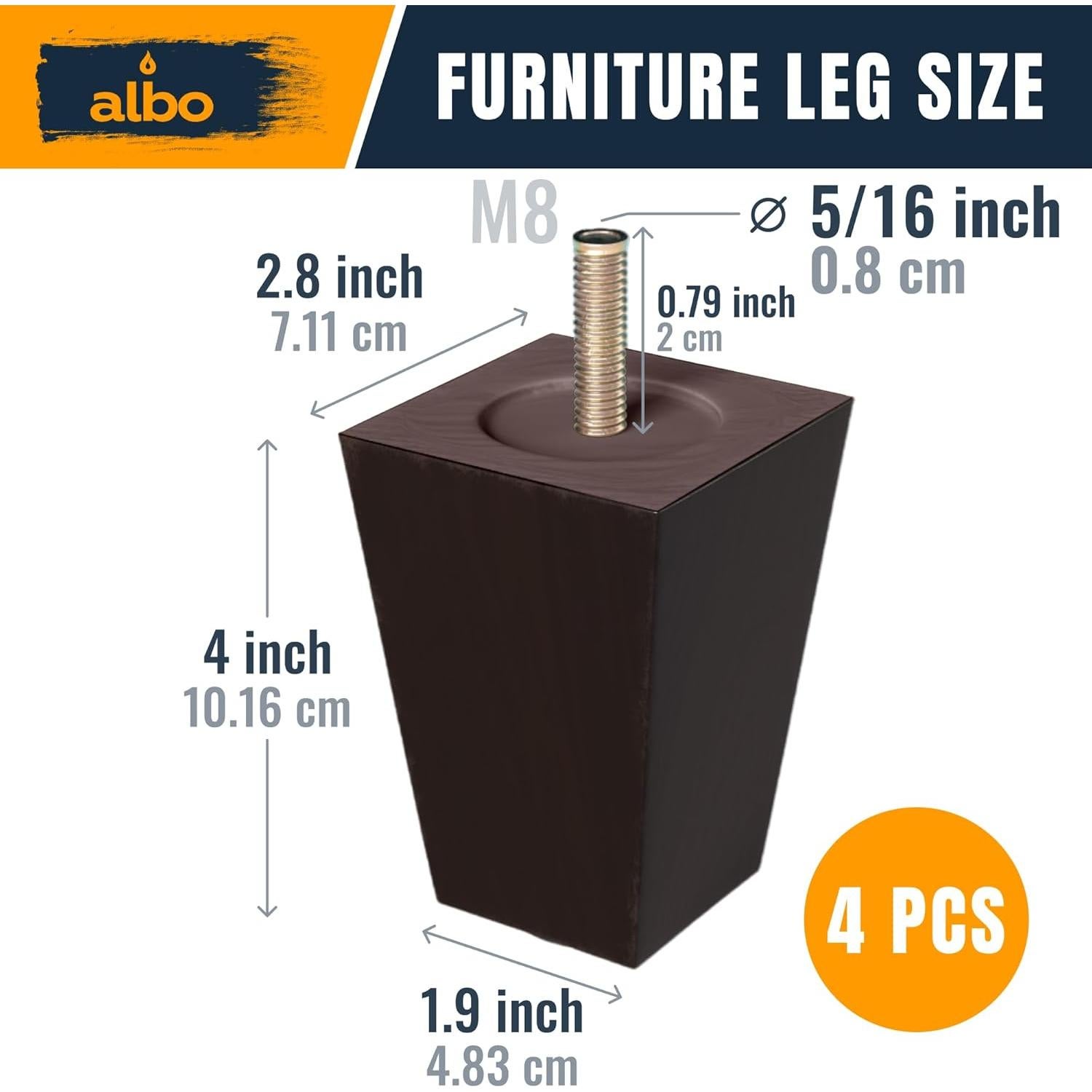 Patas de Madera Albo 10.16 cm Set de 4 Cuadradas Marrón