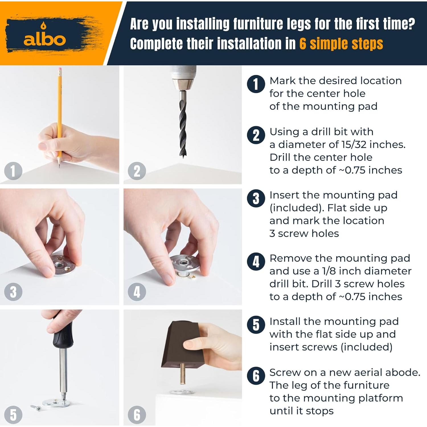 Patas de Madera Albo 10.16 cm Set de 4 Cuadradas Marrón