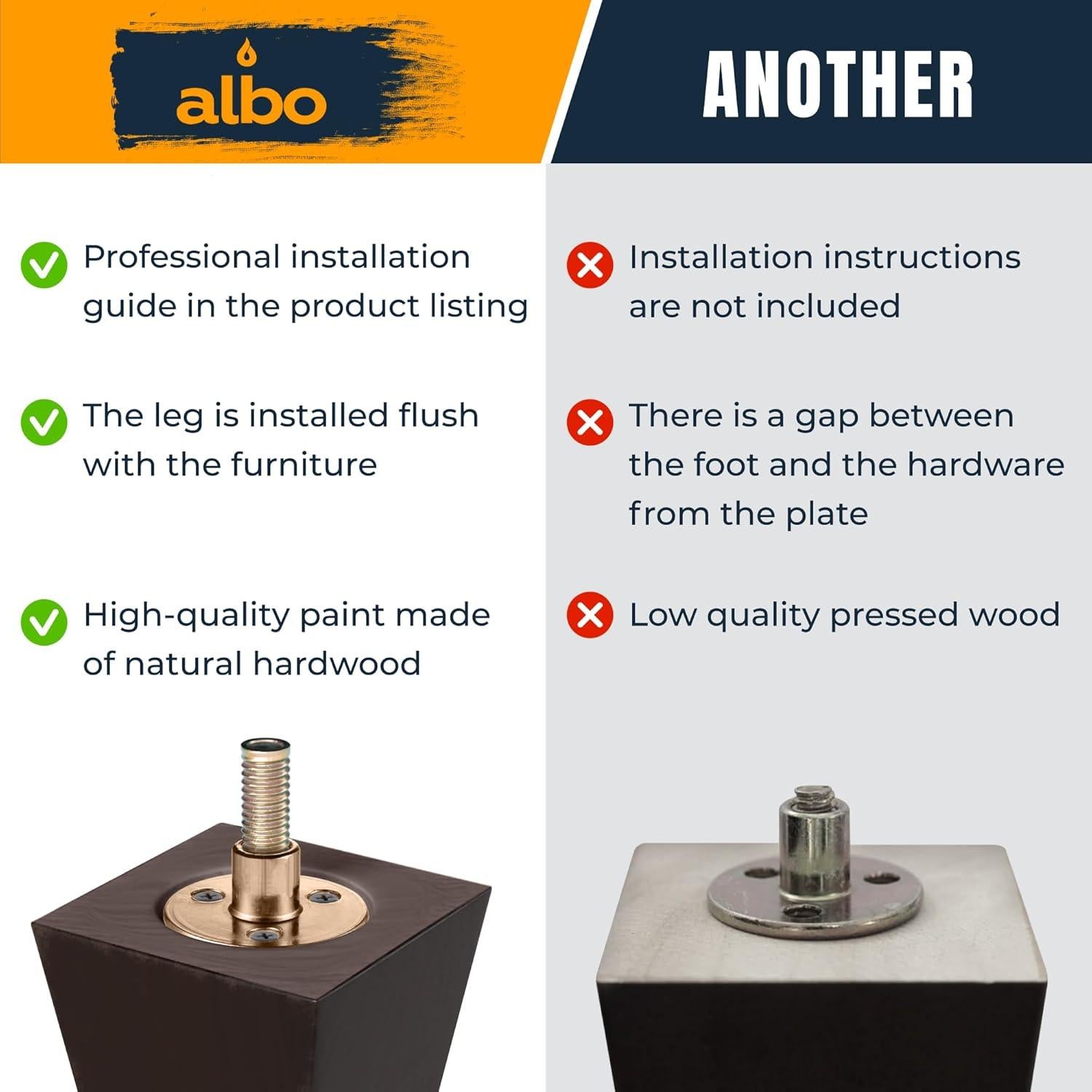 Patas de Madera Albo 10.16 cm Set de 4 Cuadradas Marrón