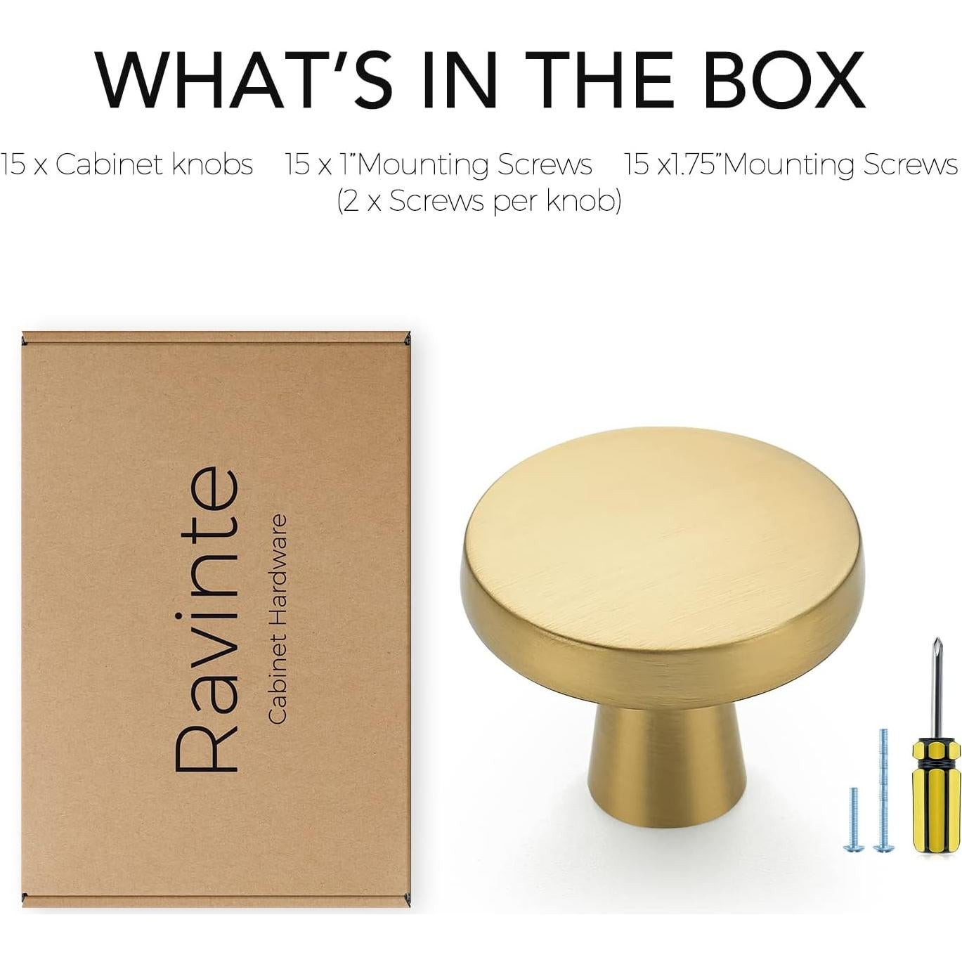 Ravinte 30 Pack Solid Knobs Kitchen Cabinet Round Pulls Dresser Handles Gold Cupboard Hardware Brushed Brass Door Drawer Knobs