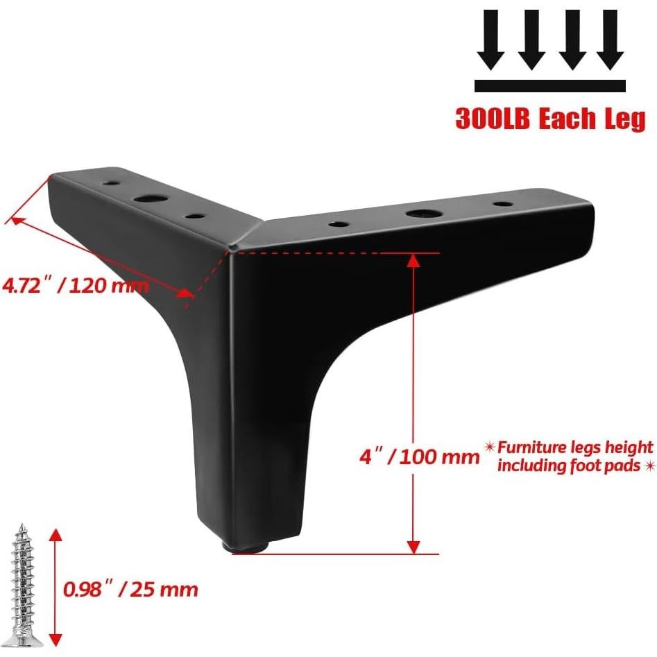Patas de Muebles Seimneire 10cm Metal Negro Carga Pesada (4 Pcs)