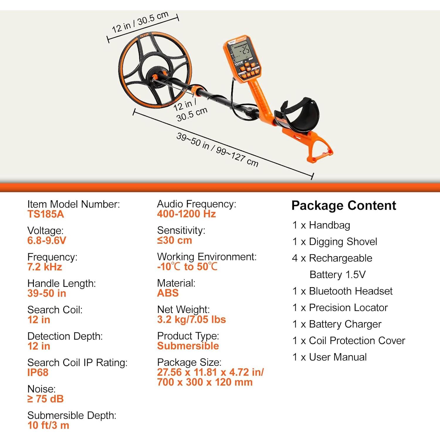 Detector de Metales VEVOR IP68 12" Profesional Recargable