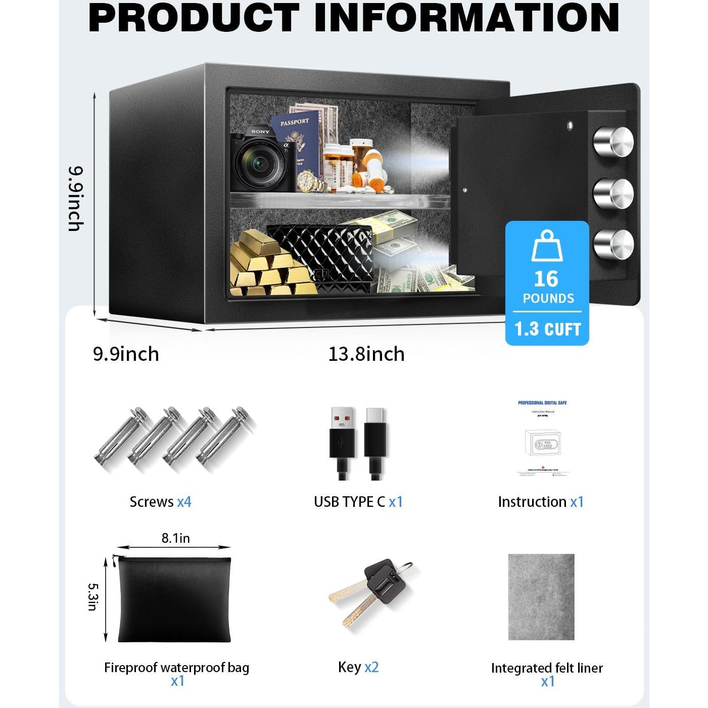Caja Fuerte Electrónica RETLLAS 1.3 Pies Cúbicos con USB-C