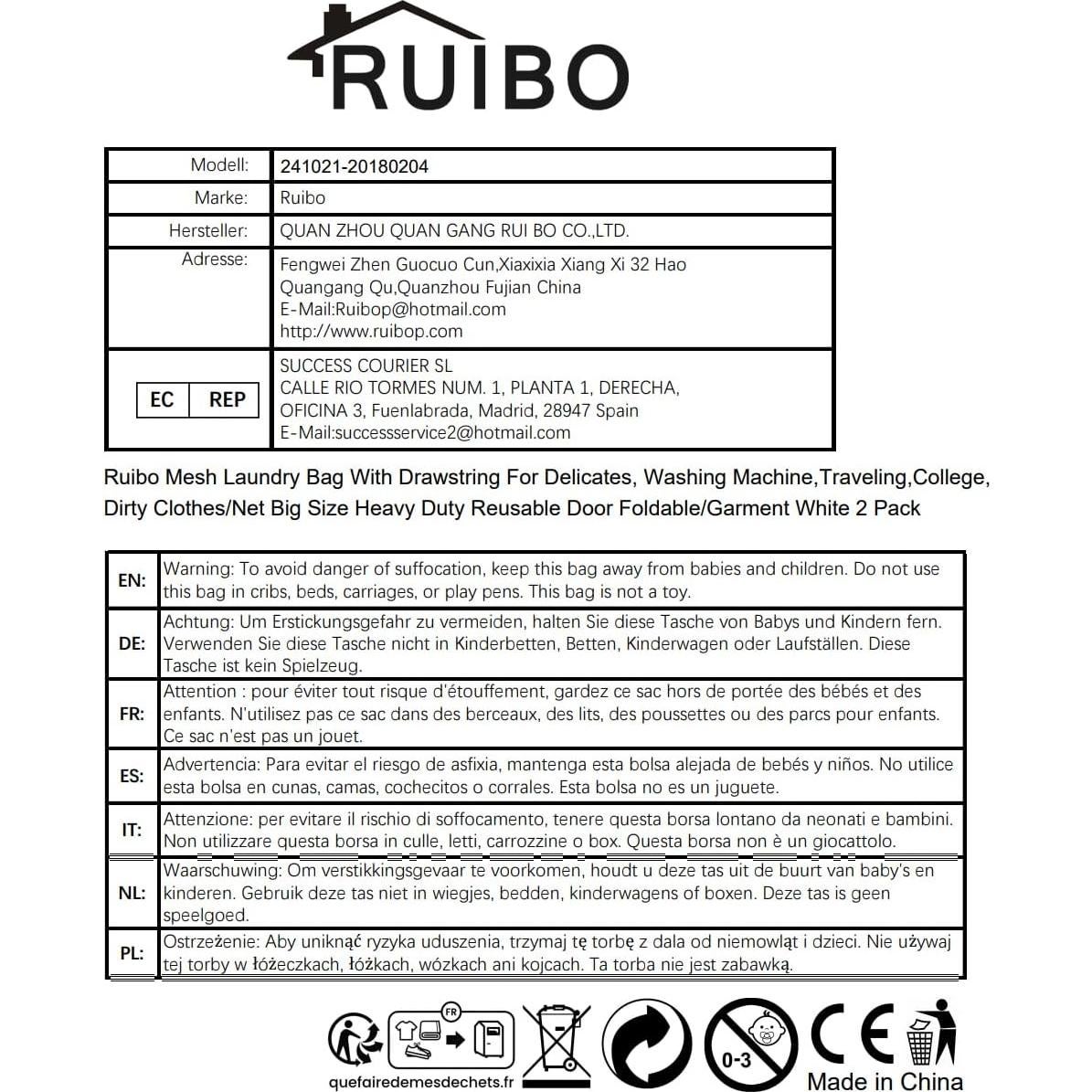 Bolsa de Lavandería de Malla Ruibo 91x61 cm 2 Piezas