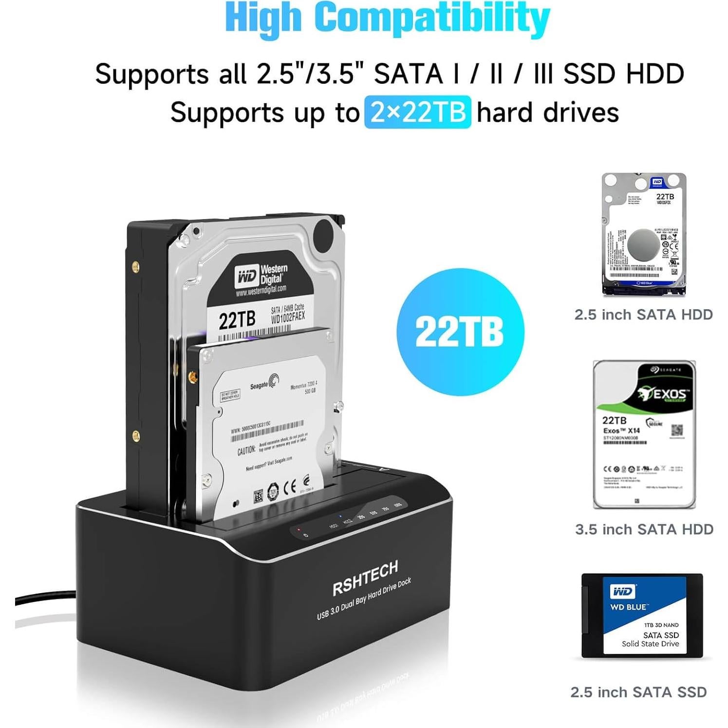 Estación de Acoplamiento USB-C/USB 3.0 RSHTECH RSH-DS01C Doble Bahía 22TB