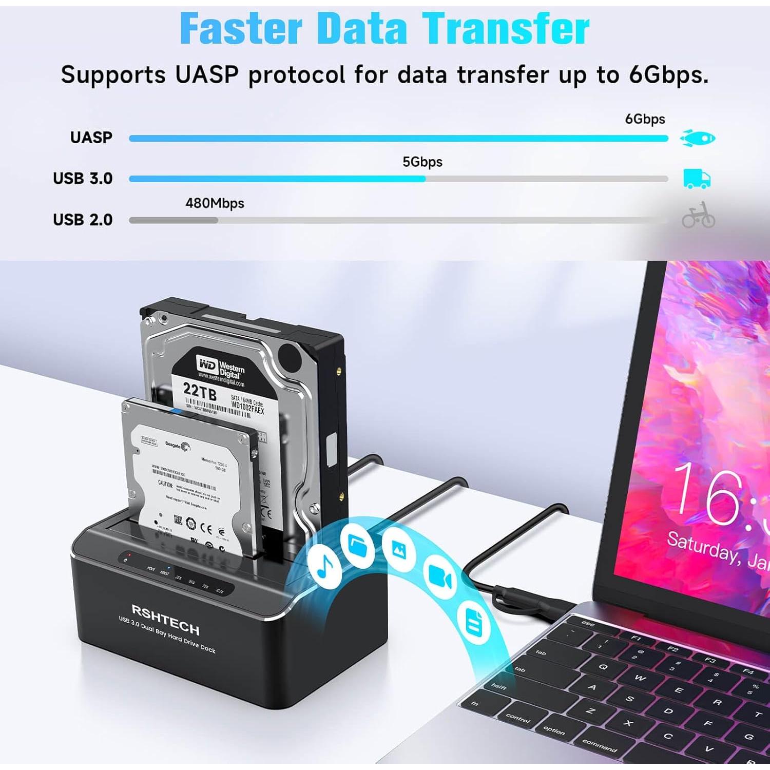 Estación de Acoplamiento USB-C/USB 3.0 RSHTECH RSH-DS01C Doble Bahía 22TB