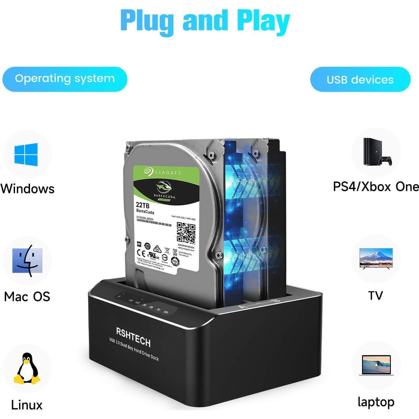 Estación de Acoplamiento USB-C/USB 3.0 RSHTECH RSH-DS01C Doble Bahía 22TB