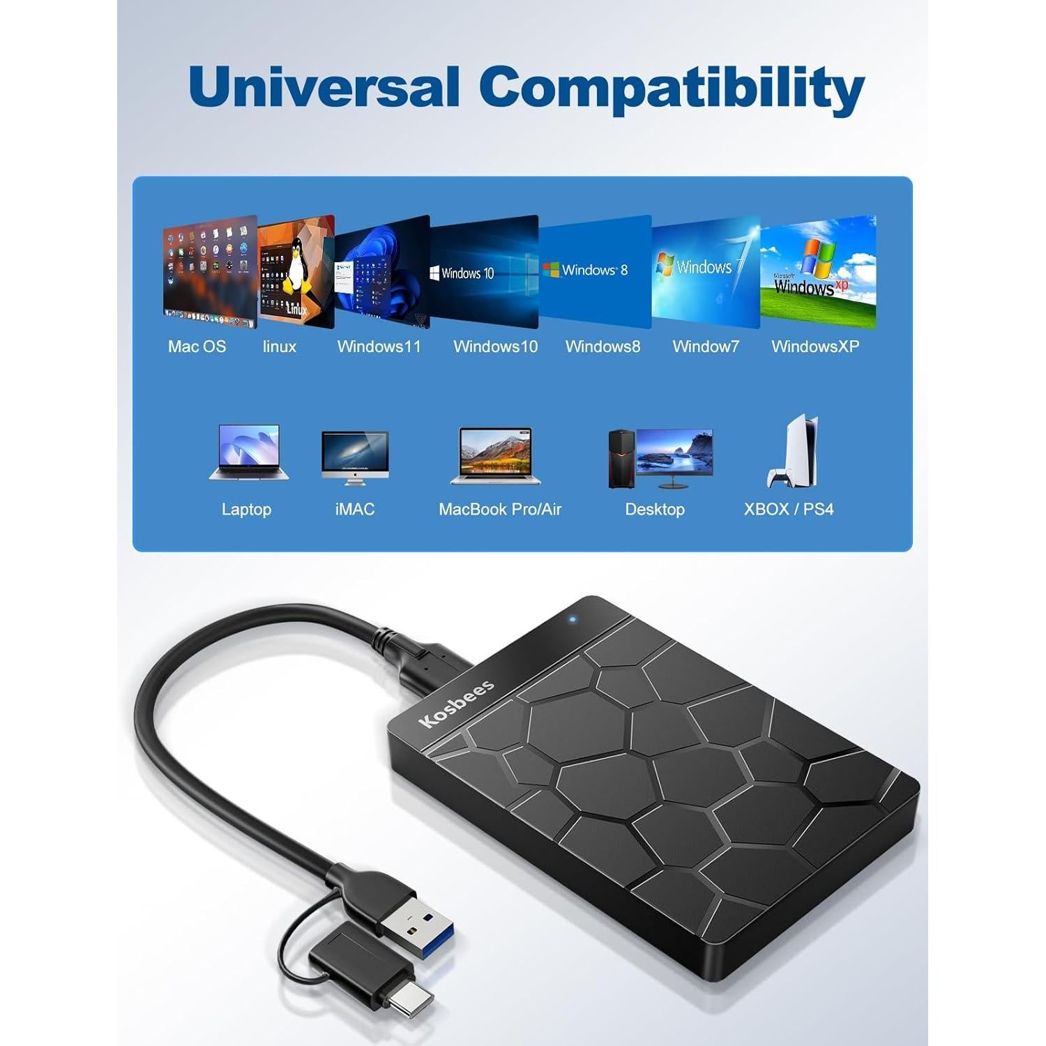 Disco Duro Externo Kosbees 500GB USB 3.0 Portátil Negro