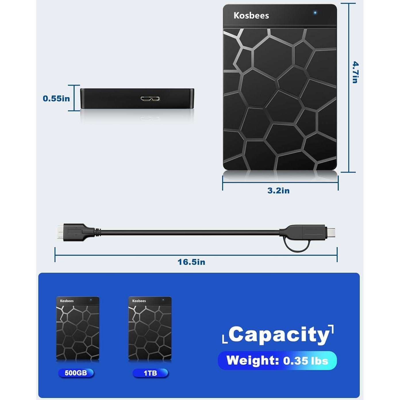 Disco Duro Externo Kosbees 500GB USB 3.0 Portátil Negro