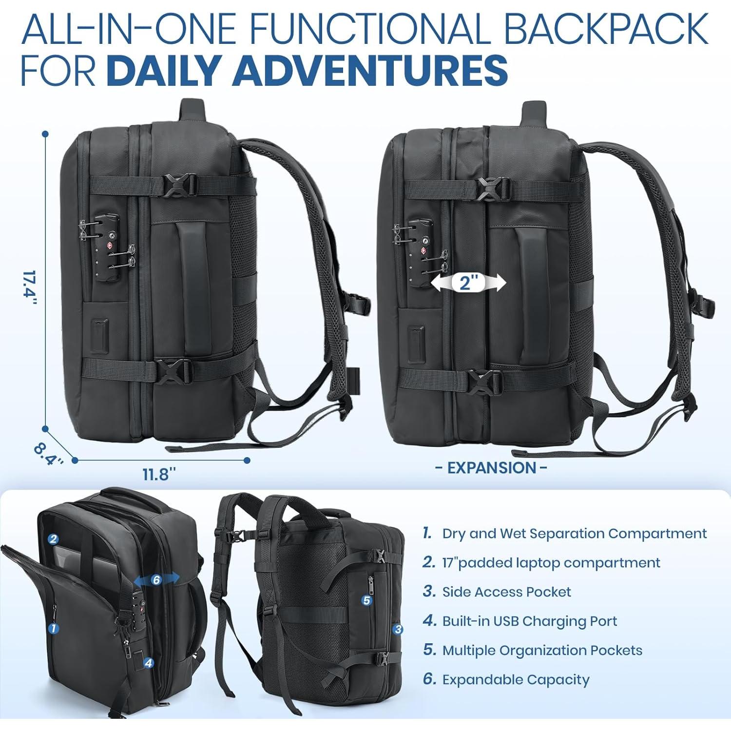 Mochila de Viaje Fanwoli Negra 40L con Cerradura TSA y Compresión