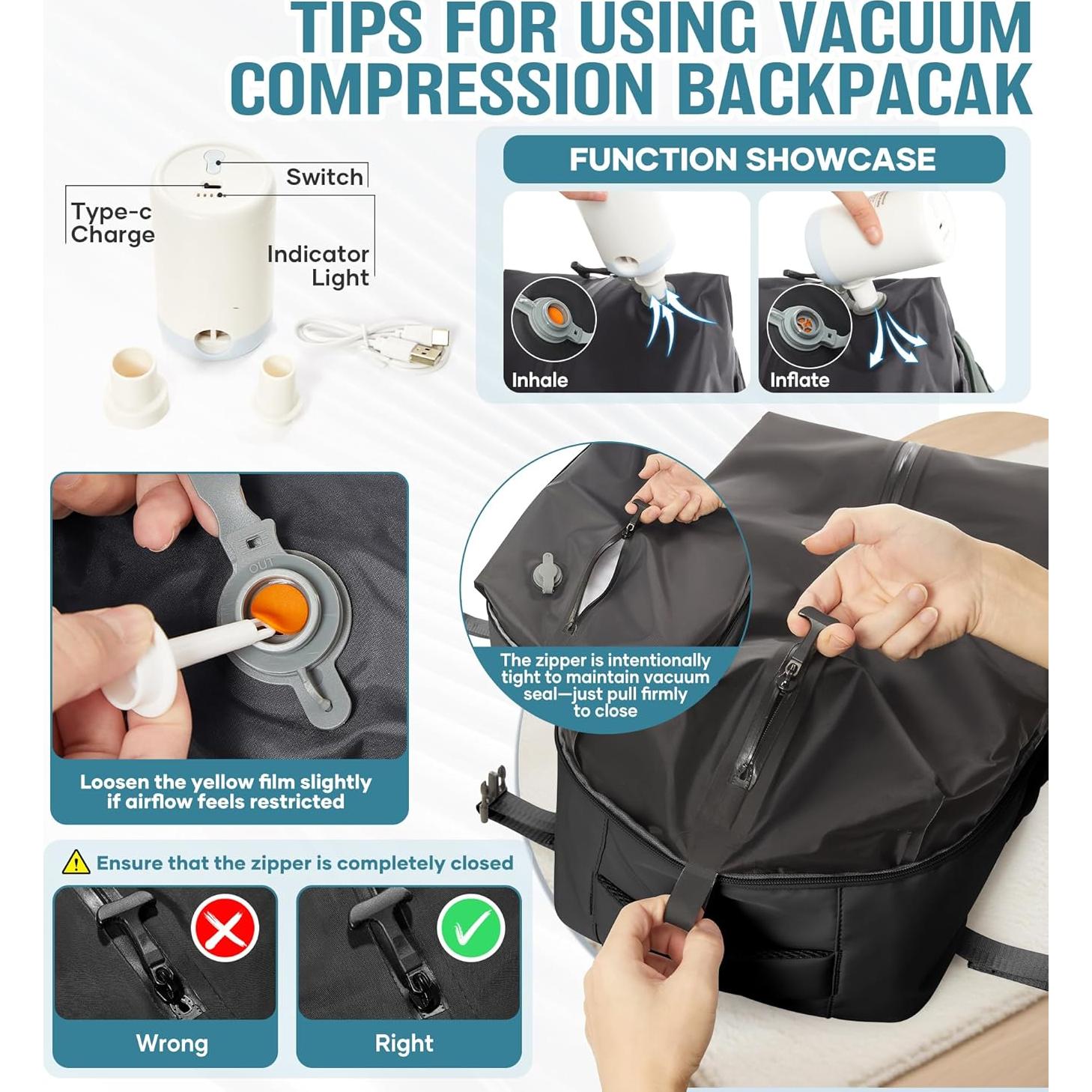 Mochila de Viaje al Vacío Vacpack Negra 20L Impermeable