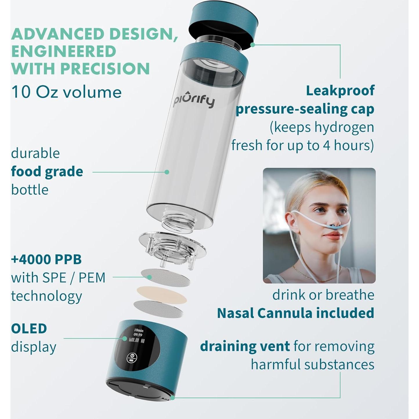 Generador de Agua de Hidrógeno Piurify - 4100+ PPB - Portátil