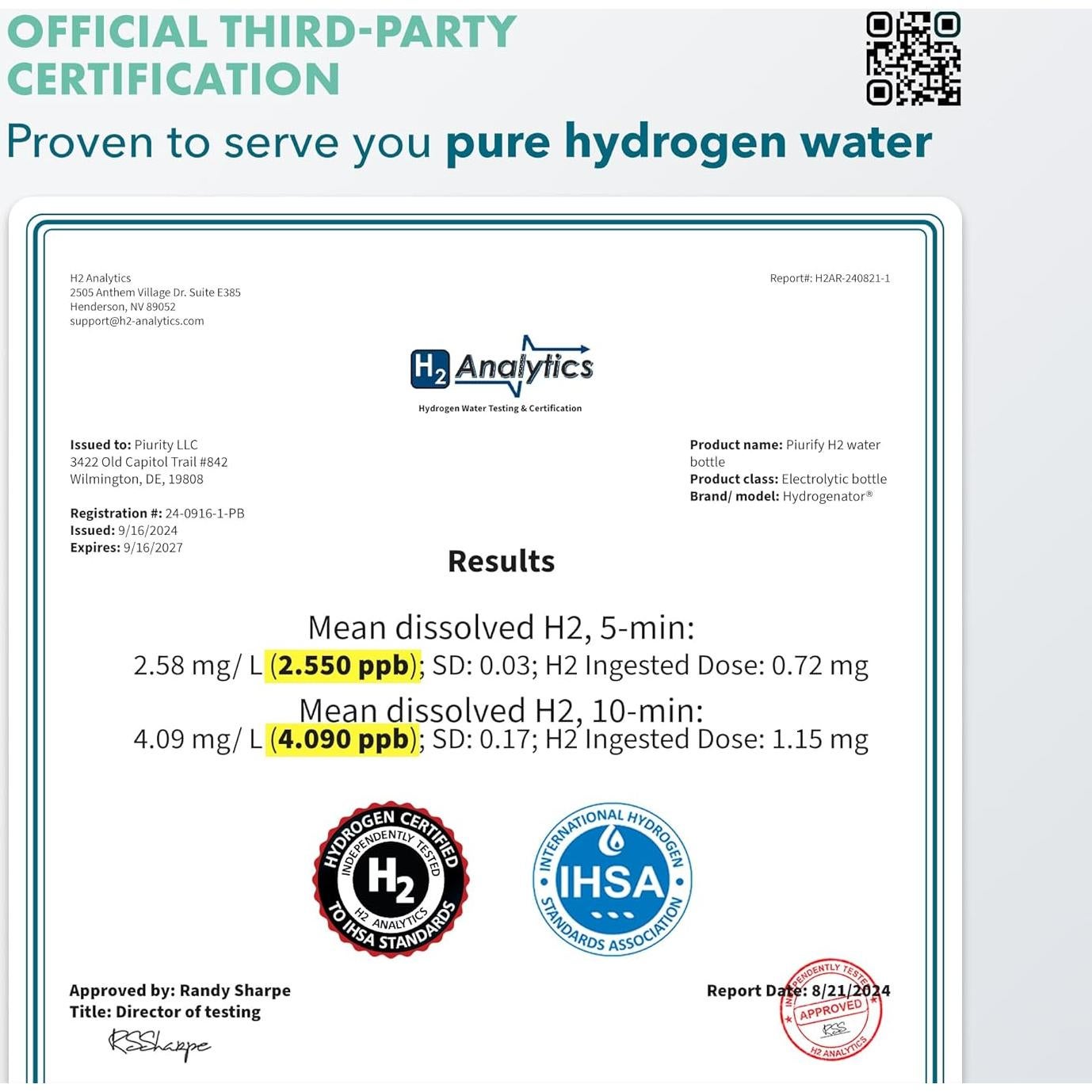 Generador de Agua de Hidrógeno Piurify - 4100+ PPB - Portátil