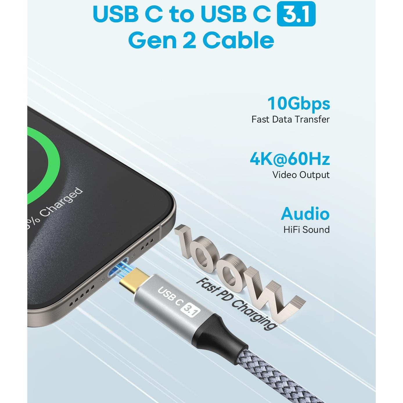 Cable USB C a USB C CLEEFUN 1m 10Gbps 4K 100W Carga Rápida