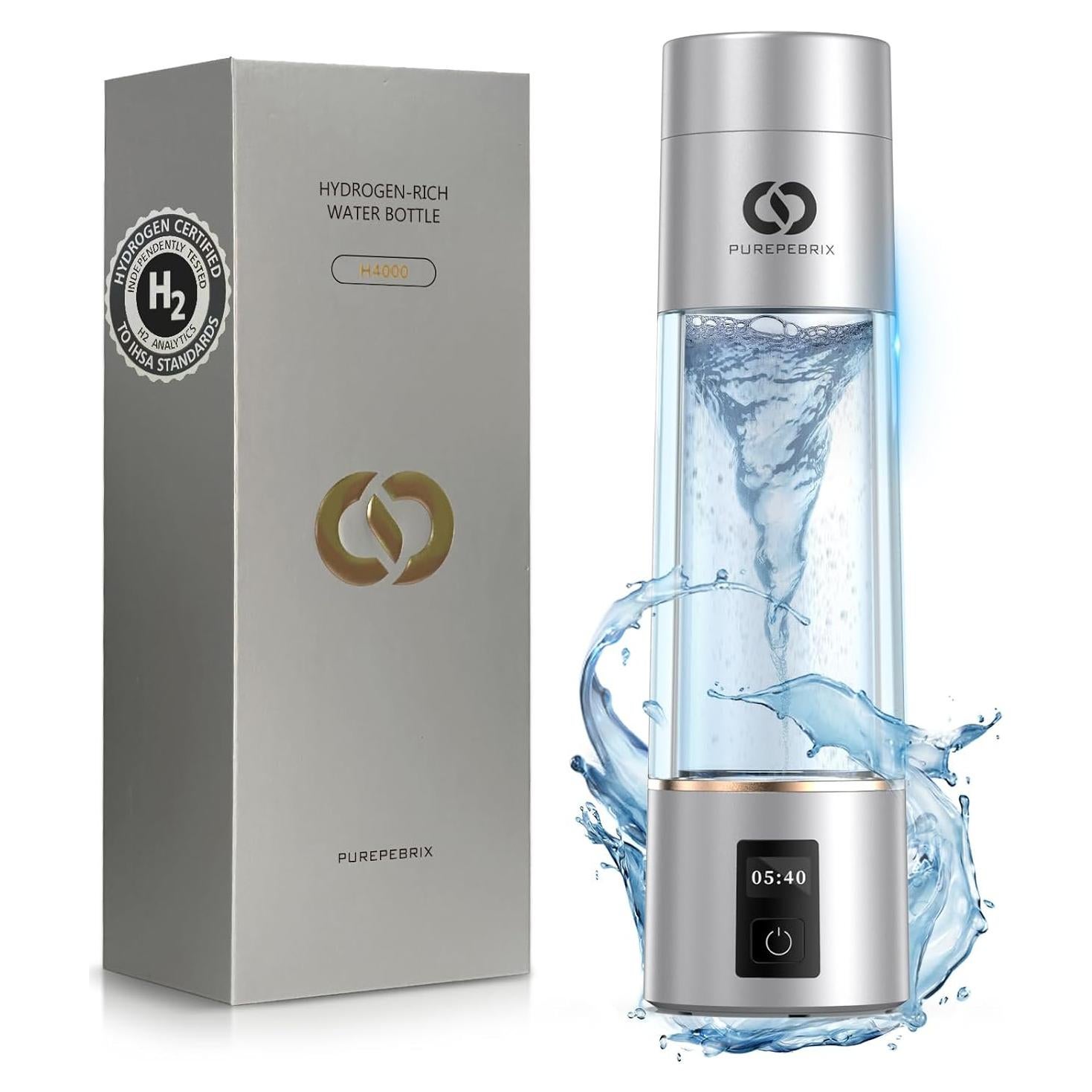 Botella de Agua de Hidrógeno PUREPEBRIX H4000 6400PPB Plata