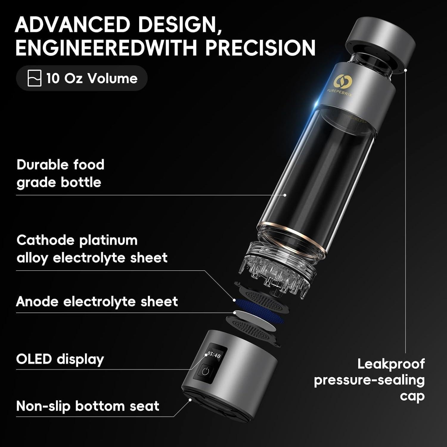 Botella de Agua de Hidrógeno PUREPEBRIX H4000 6400PPB Plata