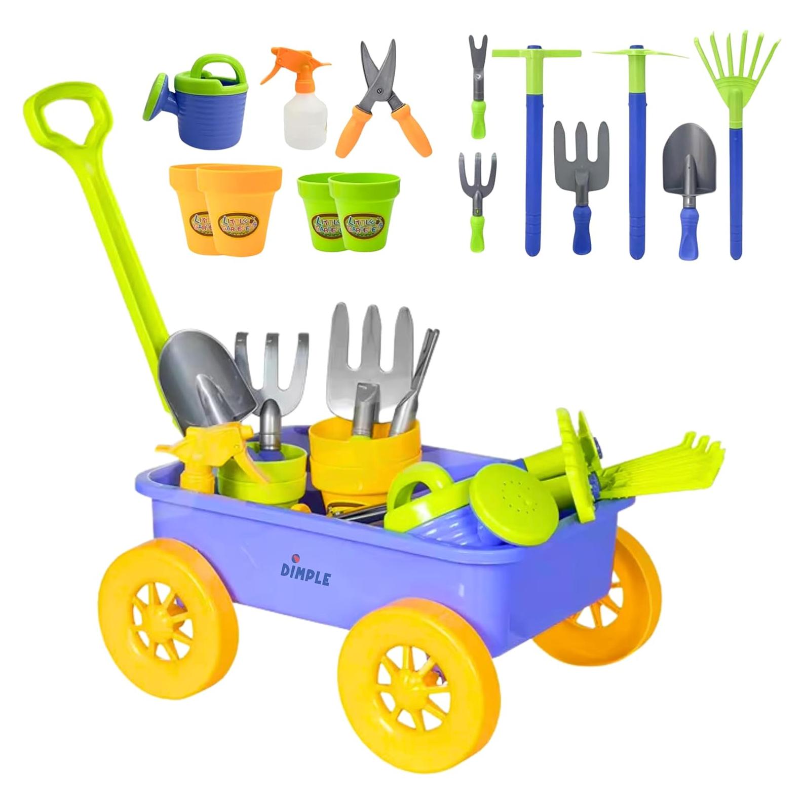 Carrito de Jardín Dimple DCN12752 con 15 Herramientas para Niños