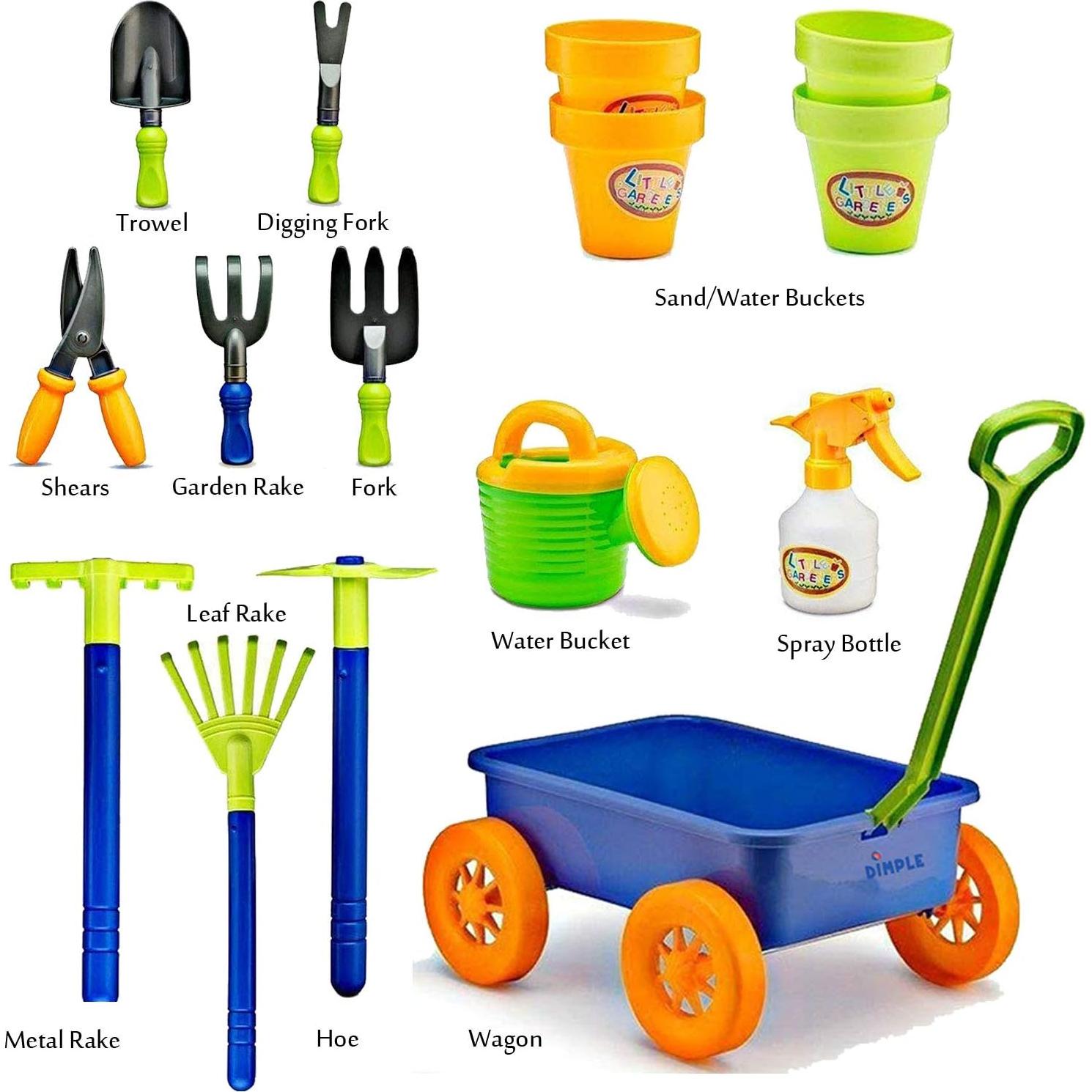 Carrito de Jardín Dimple DCN12752 con 15 Herramientas para Niños