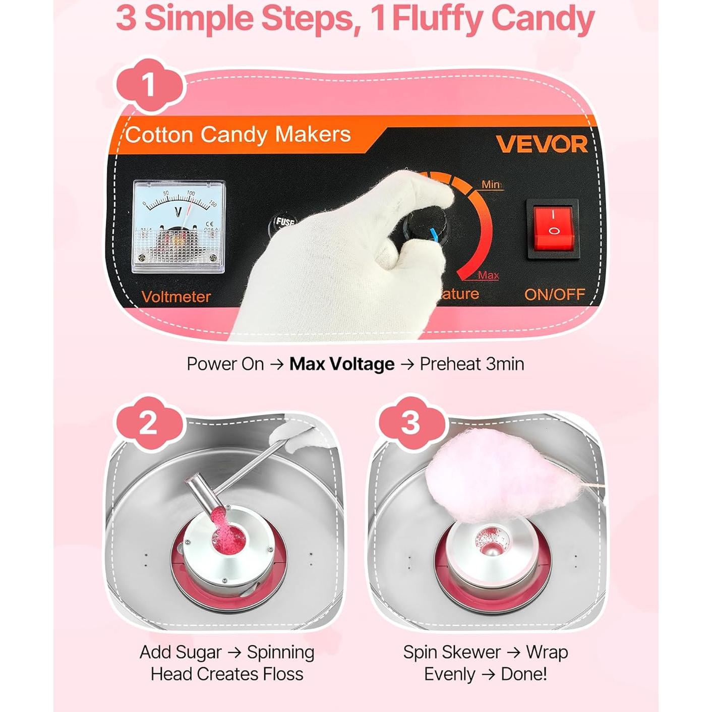 Máquina de Algodón de Azúcar VEVOR 1000W 15" Rosa