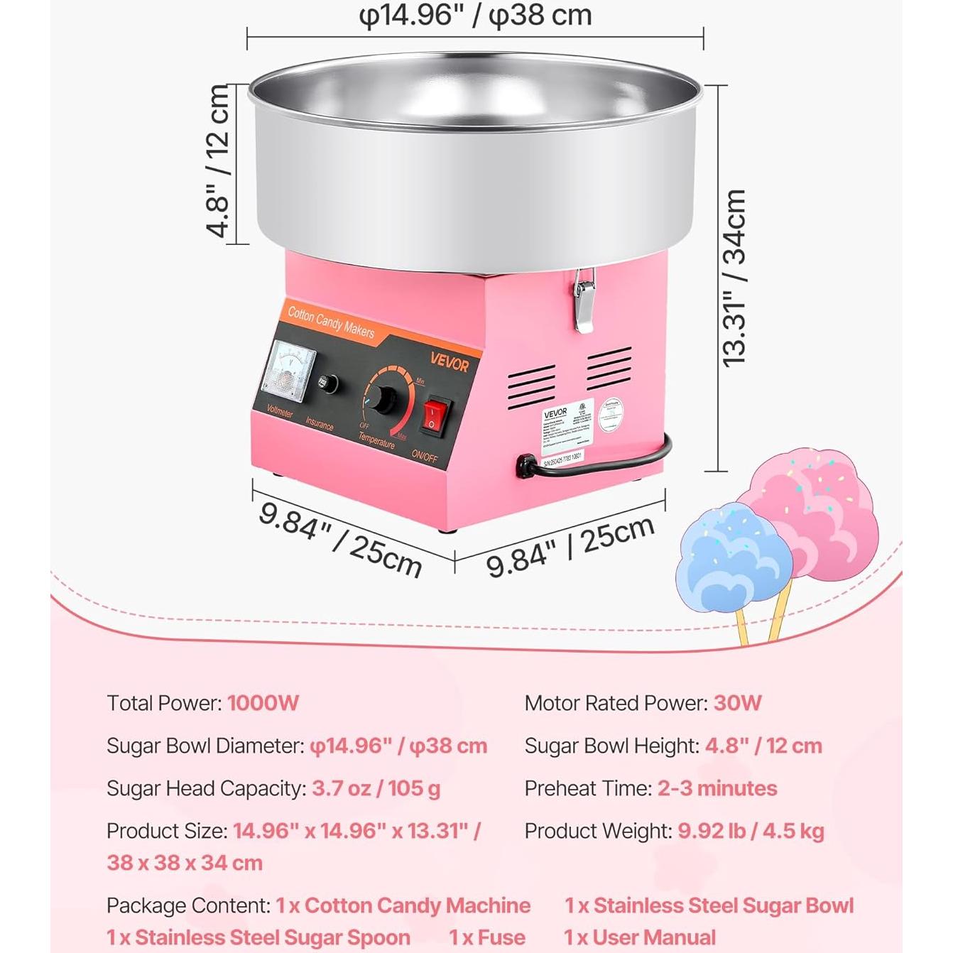Máquina de Algodón de Azúcar VEVOR 1000W 15" Rosa