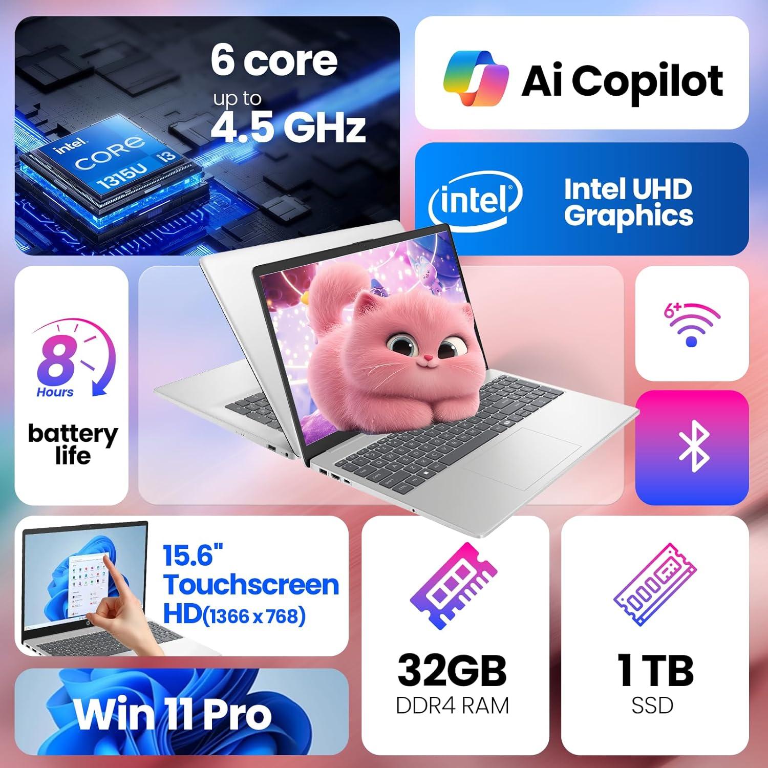 Laptop HP 15.6" Táctil Intel Core i3-1315U 16GB RAM 1TB SSD