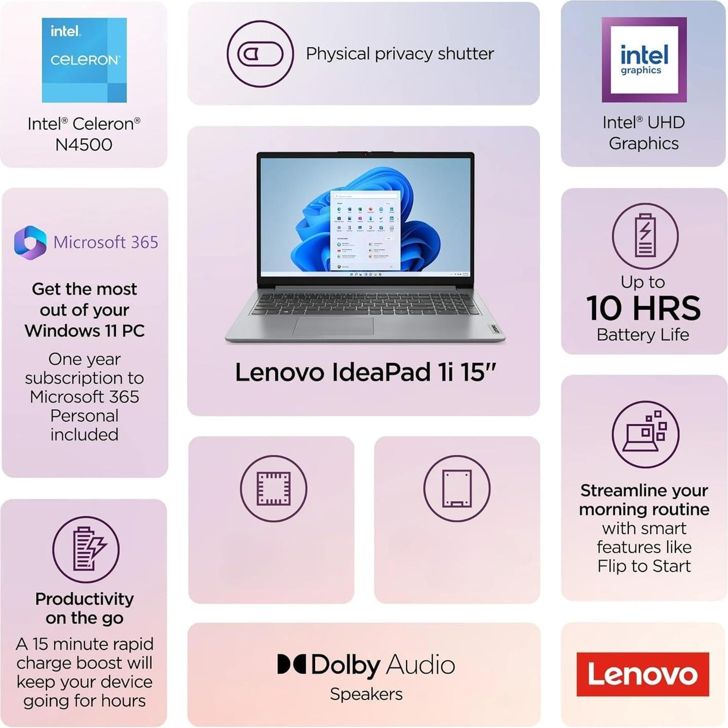 Laptop Lenovo IdeaPad 15.6" Intel Celeron 12GB RAM 128GB eMMC