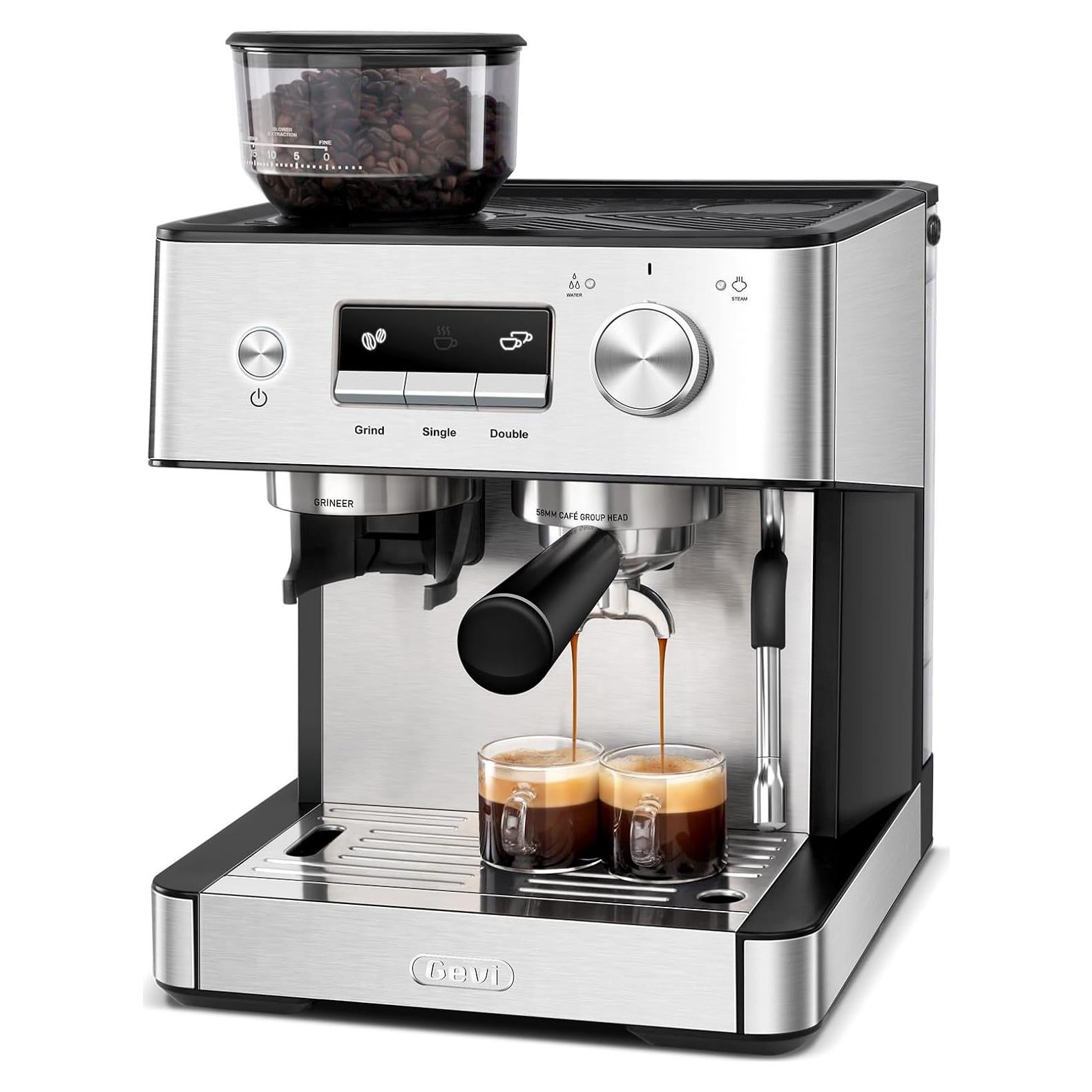 Cafetera Espresso Gevi 20 Bar con Molinillo y Espumador